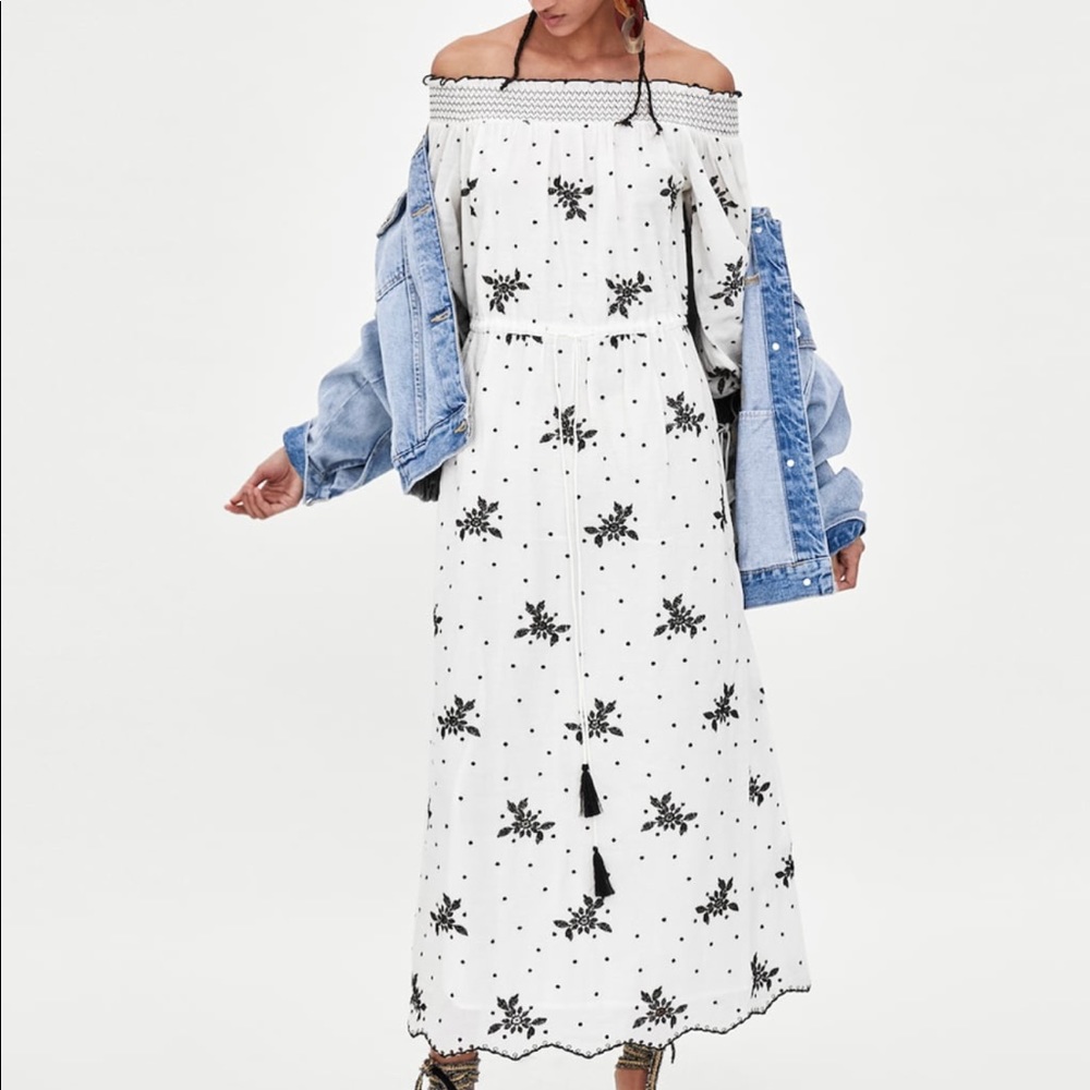 Off the shoulder white embroidered midi dress